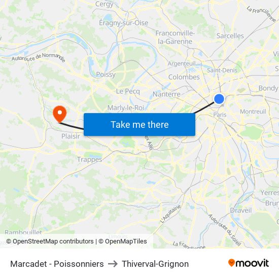 Marcadet - Poissonniers to Thiverval-Grignon map
