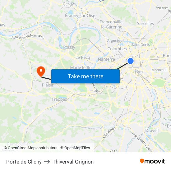Porte de Clichy to Thiverval-Grignon map