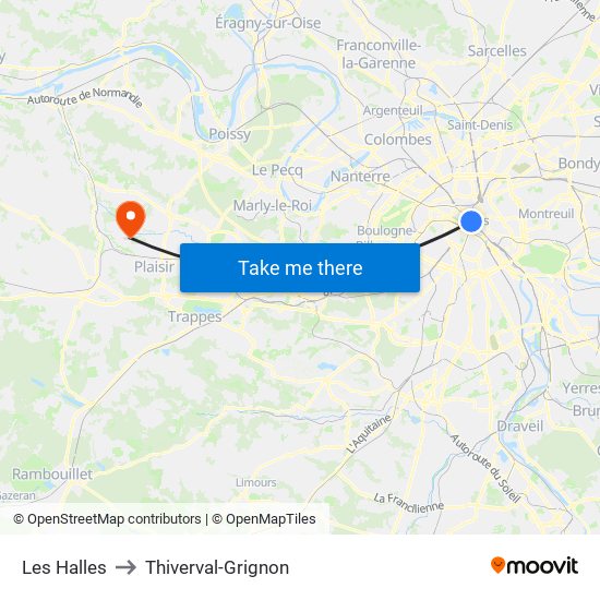 Les Halles to Thiverval-Grignon map