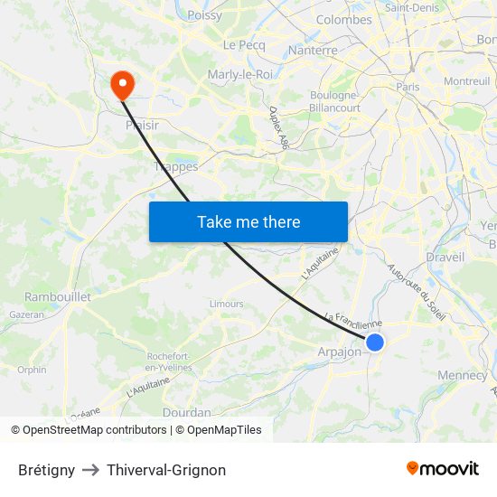 Brétigny to Thiverval-Grignon map