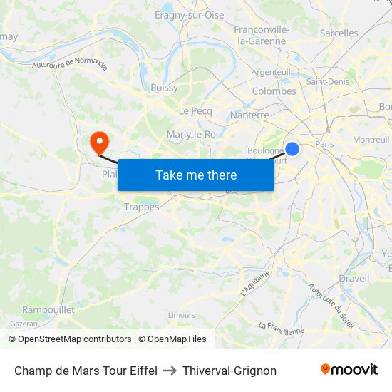 Champ de Mars Tour Eiffel to Thiverval-Grignon map