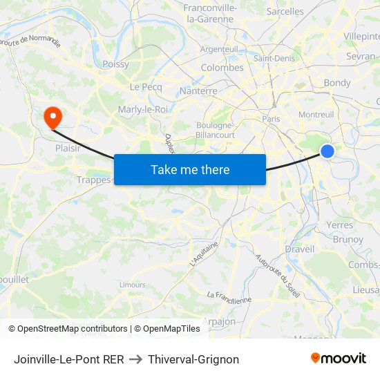 Joinville-Le-Pont RER to Thiverval-Grignon map