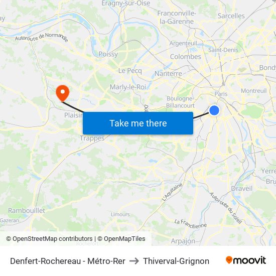 Denfert-Rochereau - Métro-Rer to Thiverval-Grignon map
