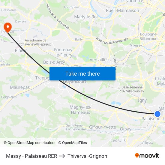 Massy - Palaiseau RER to Thiverval-Grignon map