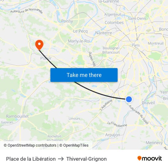 Place de la Libération to Thiverval-Grignon map