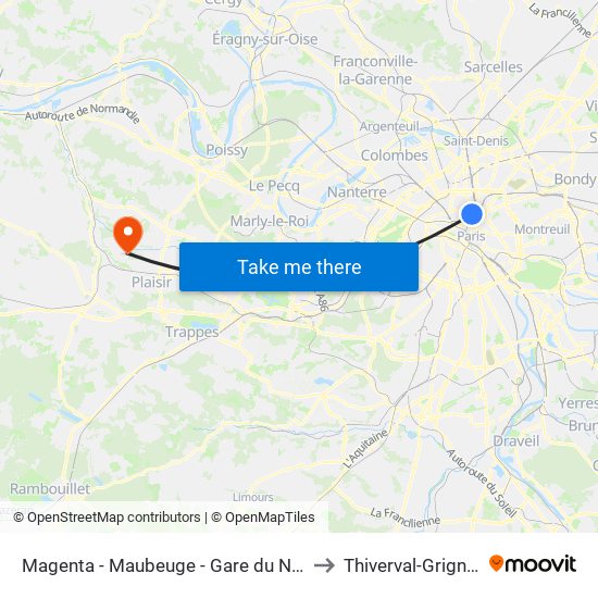 Magenta - Maubeuge - Gare du Nord to Thiverval-Grignon map
