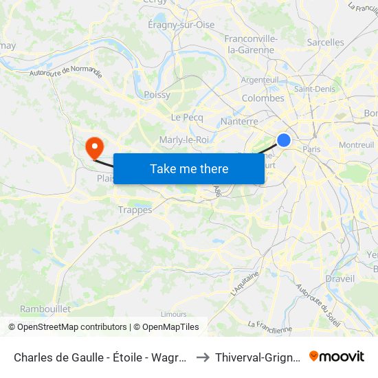 Charles de Gaulle - Étoile - Wagram to Thiverval-Grignon map