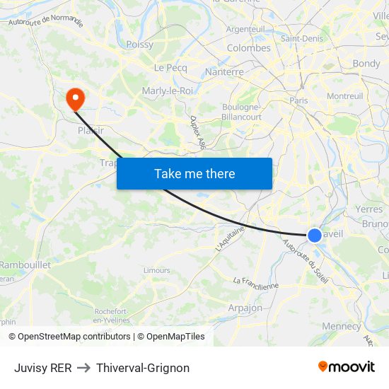 Juvisy RER to Thiverval-Grignon map