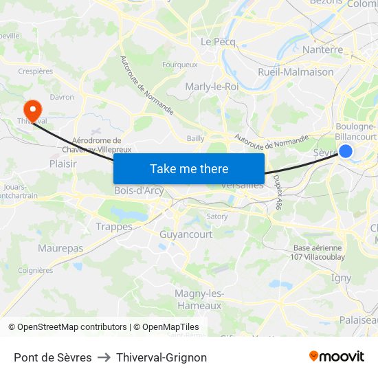 Pont de Sèvres to Thiverval-Grignon map