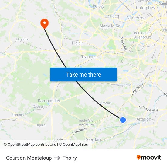 Courson-Monteloup to Thoiry map