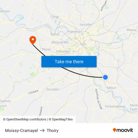 Moissy-Cramayel to Thoiry map