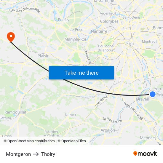 Montgeron to Thoiry map