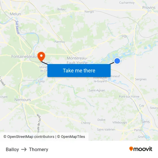 Balloy to Thomery map