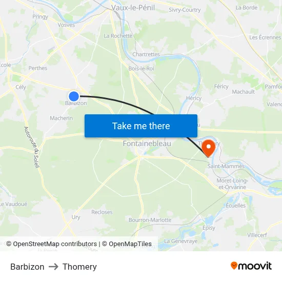 Barbizon to Thomery map