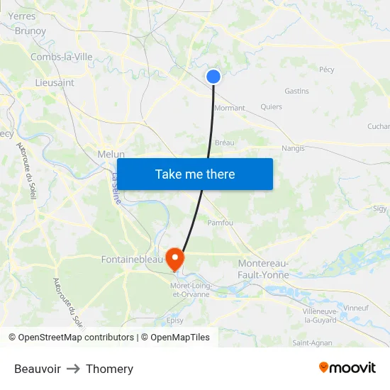 Beauvoir to Thomery map