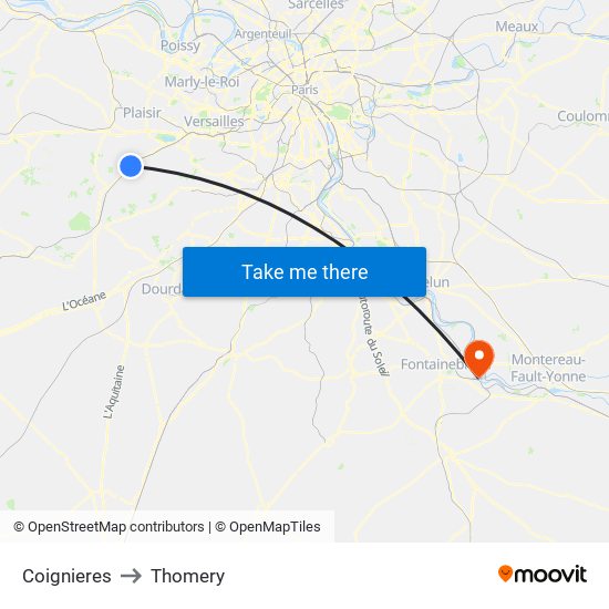 Coignieres to Thomery map
