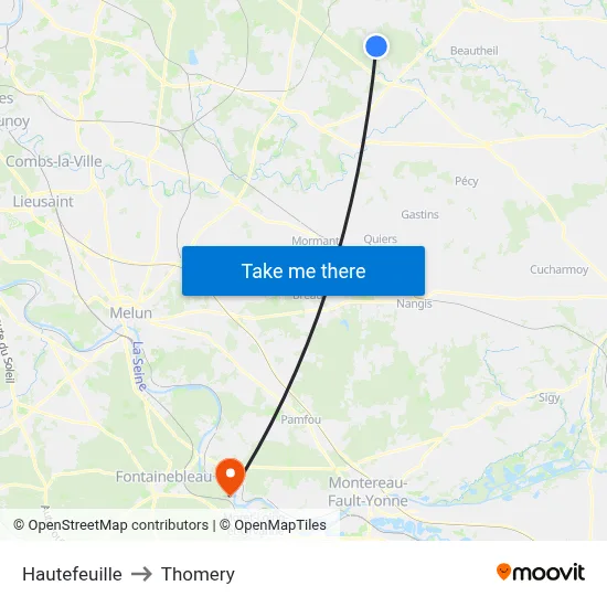 Hautefeuille to Thomery map