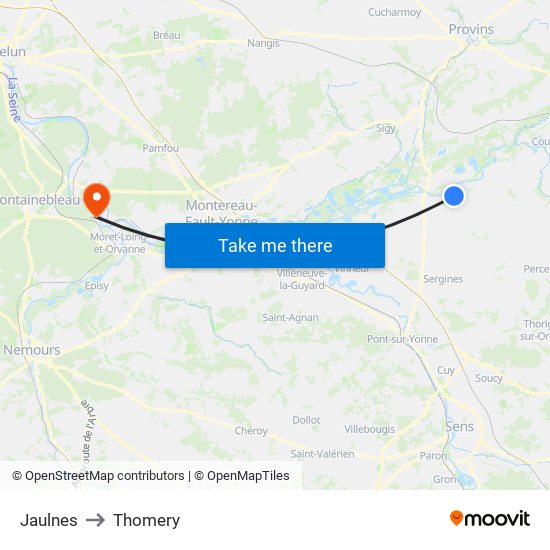 Jaulnes to Thomery map