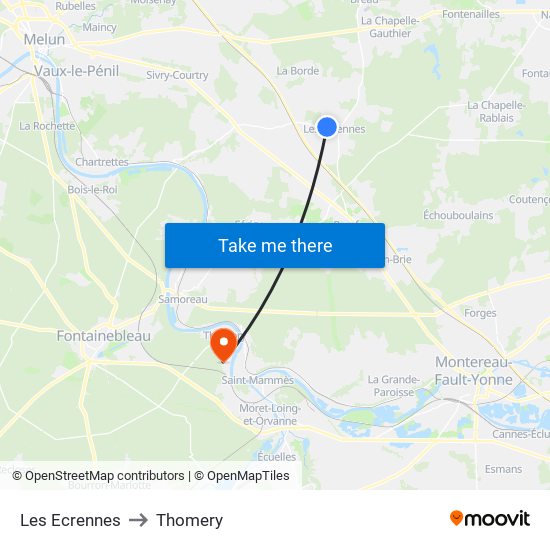 Les Ecrennes to Thomery map