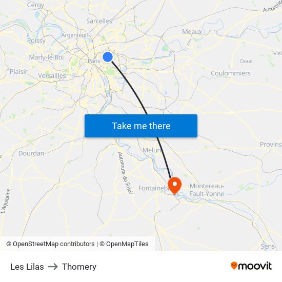 Les Lilas to Thomery map