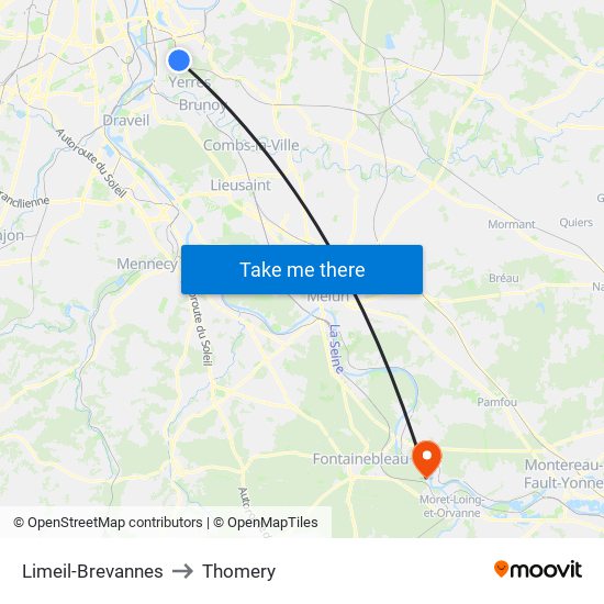 Limeil-Brevannes to Thomery map