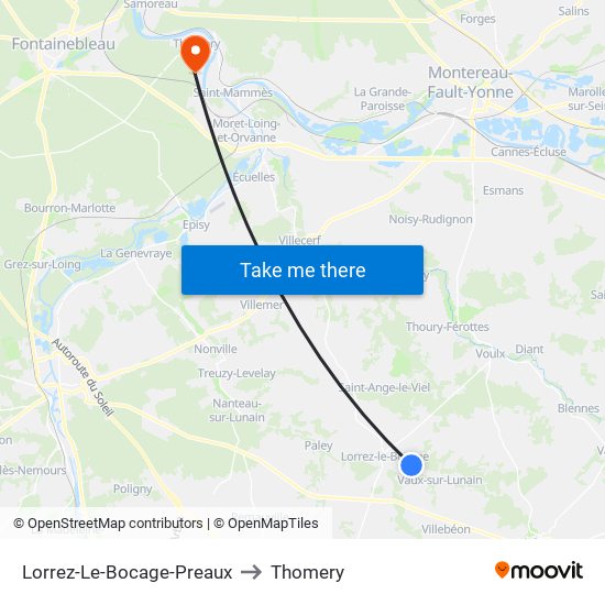 Lorrez-Le-Bocage-Preaux to Thomery map