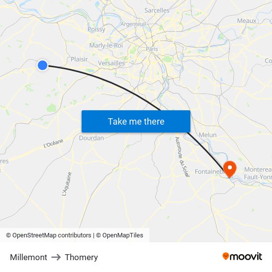 Millemont to Thomery map