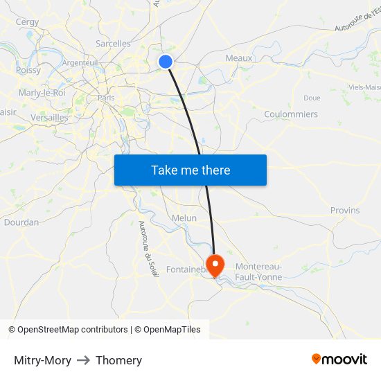 Mitry-Mory to Thomery map
