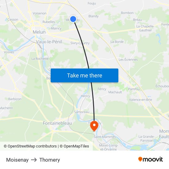 Moisenay to Thomery map