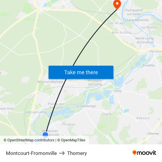 Montcourt-Fromonville to Thomery map