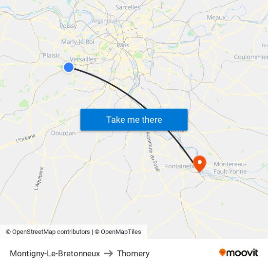 Montigny-Le-Bretonneux to Thomery map