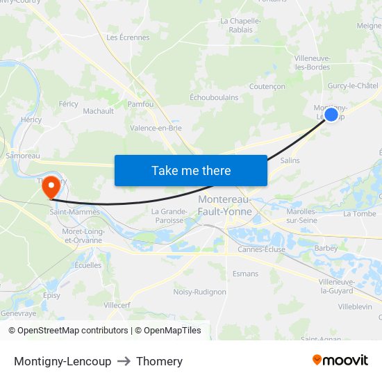 Montigny-Lencoup to Thomery map