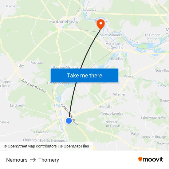 Nemours to Thomery map