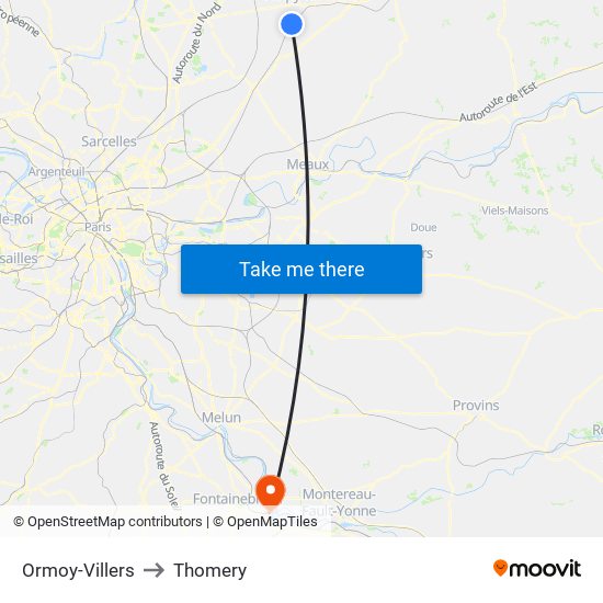 Ormoy-Villers to Thomery map