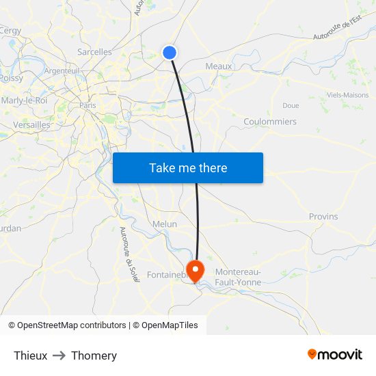 Thieux to Thomery map