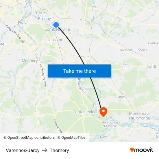 Varennes-Jarcy to Thomery map