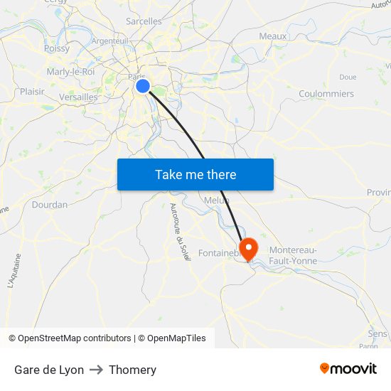 Gare de Lyon to Thomery map