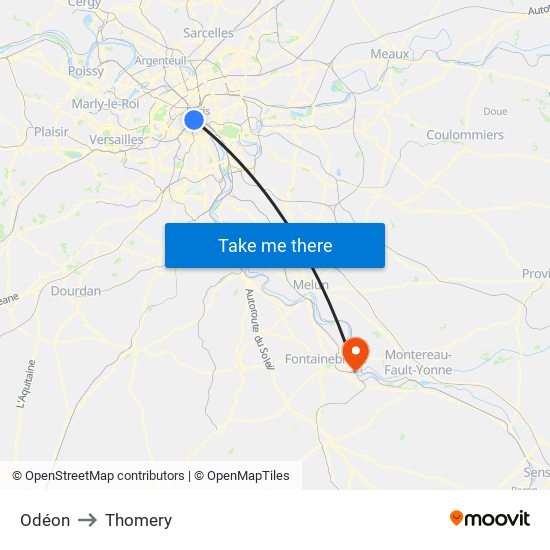 Odéon to Thomery map