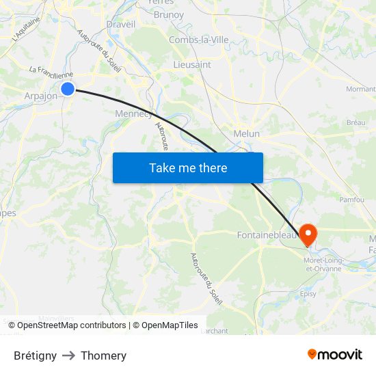 Brétigny to Thomery map