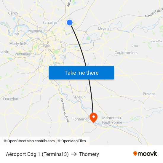 Aéroport Cdg 1 (Terminal 3) to Thomery map