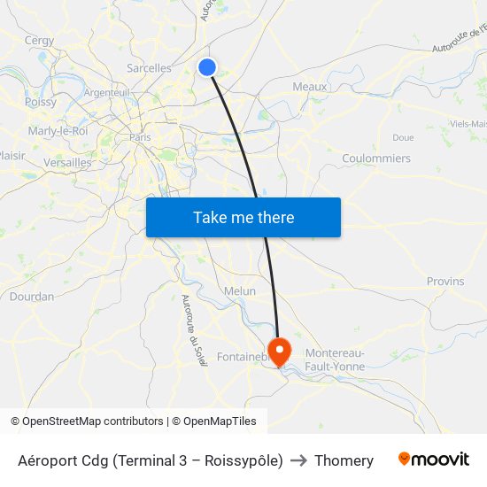 Aéroport Cdg (Terminal 3 – Roissypôle) to Thomery map