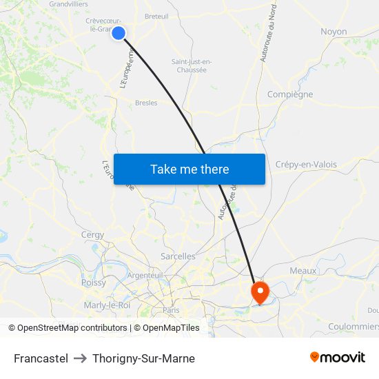 Francastel to Thorigny-Sur-Marne map