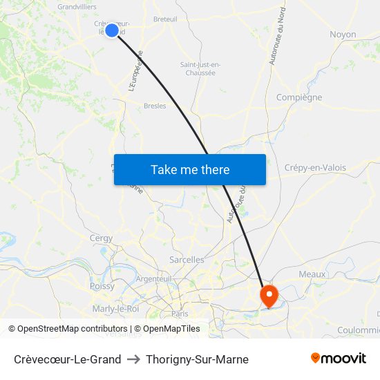 Crèvecœur-Le-Grand to Thorigny-Sur-Marne map