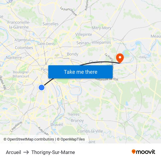Arcueil to Thorigny-Sur-Marne map