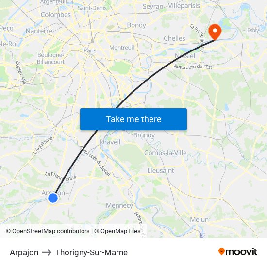 Arpajon to Thorigny-Sur-Marne map