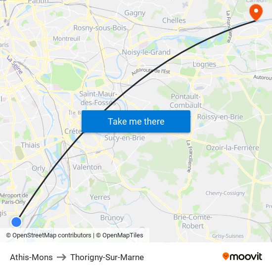 Athis-Mons to Thorigny-Sur-Marne map