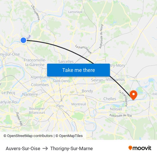 Auvers-Sur-Oise to Thorigny-Sur-Marne map