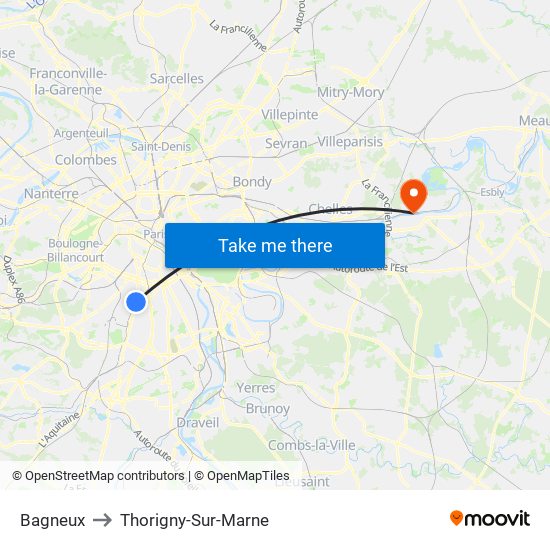 Bagneux to Thorigny-Sur-Marne map