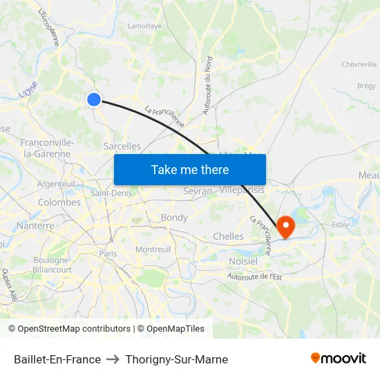 Baillet-En-France to Thorigny-Sur-Marne map