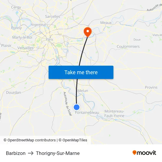 Barbizon to Thorigny-Sur-Marne map